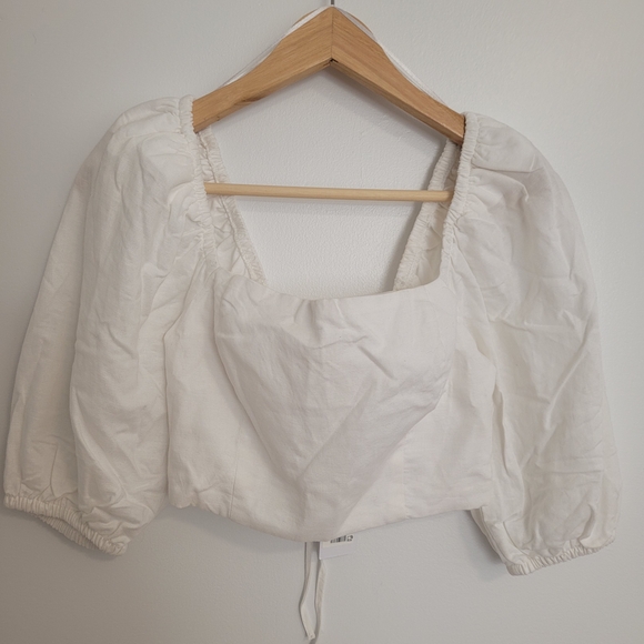 Dynamite Tops - NWT Dynamite Nya Blouse White Puff Sleeve Square Neck Crop Top Linen Cotton XS
